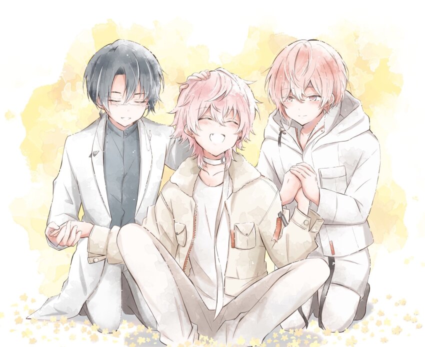 3boys, black_hair, choker, closed_eyes, closed_mouth, fang, glasses, grey_hair