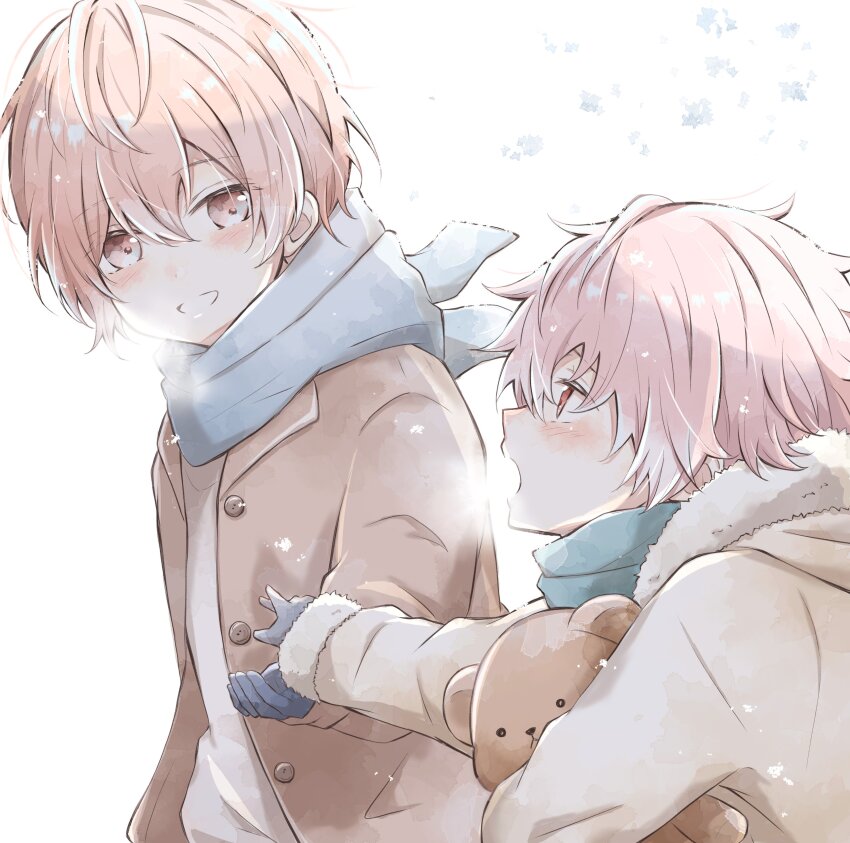 2boys, absurdres, aged_down, black_gloves, blue_scarf, brown_coat, child, coat