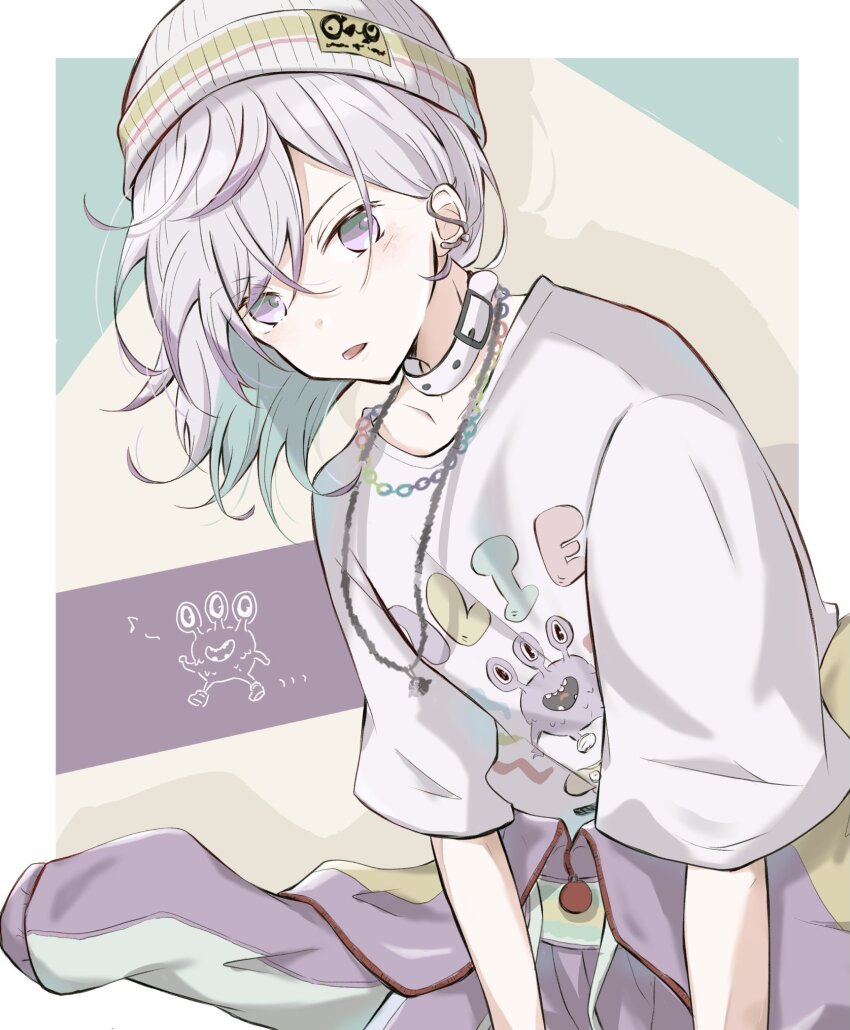 1boy, aqua_hair, beanie, border, choker, green_background, hari_nyan_nyan, hat