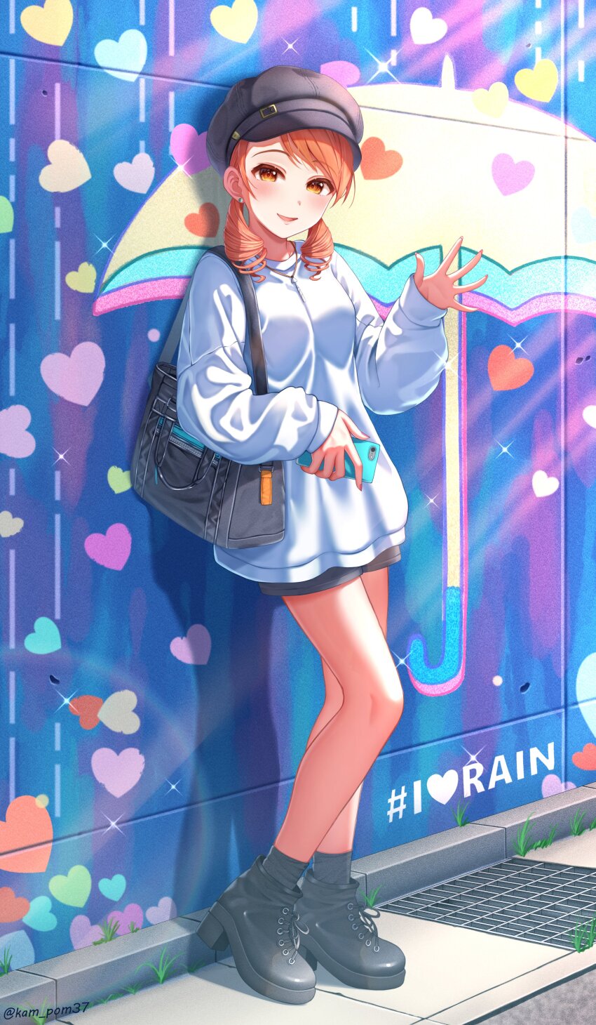 1girl, absurdres, alternate_costume, black_footwear, black_shorts, blush, breasts, newsboy_cap