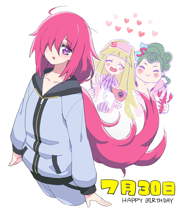 3girls, :d, arms_at_sides, blonde_hair, blunt_bangs, blush, closed_eyes, commentary_request