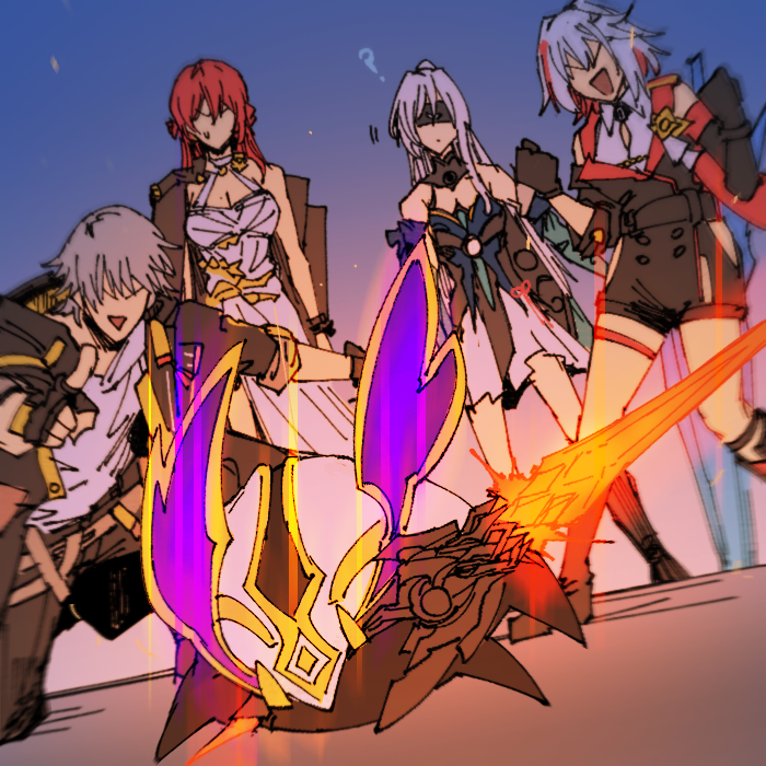 1girl, ?, bare_shoulders, black_gloves, blindfold, blue_sleeves, caelus_(honkai:_star_rail), detached_sleeves, dress, gloves, high_ponytail, himeko_(honkai:_star_rail), holding, holding_weapon, honkai:_star_rail, honkai_(series), jacket, jingliu_(honkai:_star_rail), lawzanid, long_hair, numby_(honkai:_star_rail), open_clothes, open_jacket, ponytail, shirt, sweatdrop, thigh_strap, topaz_(honkai:_star_rail), trailblazer_(honkai:_star_rail), trotter_(honkai:_star_rail), weapon, white_dress, white_hair, white_shirt