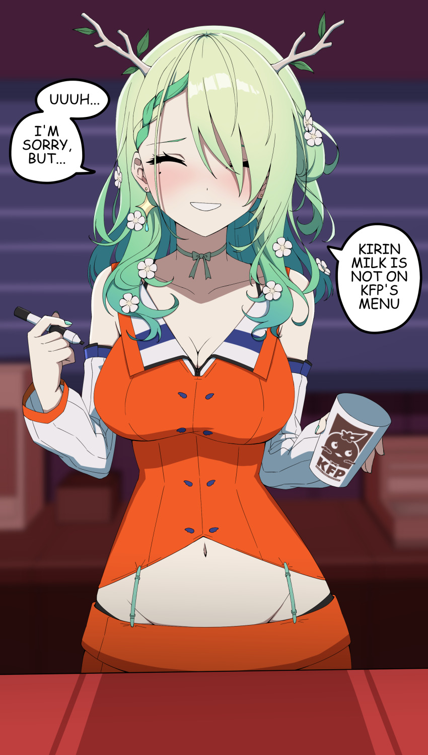 1girl, absurdres, antlers, bare_shoulders, black_panties, black_ribbon, blush, braid