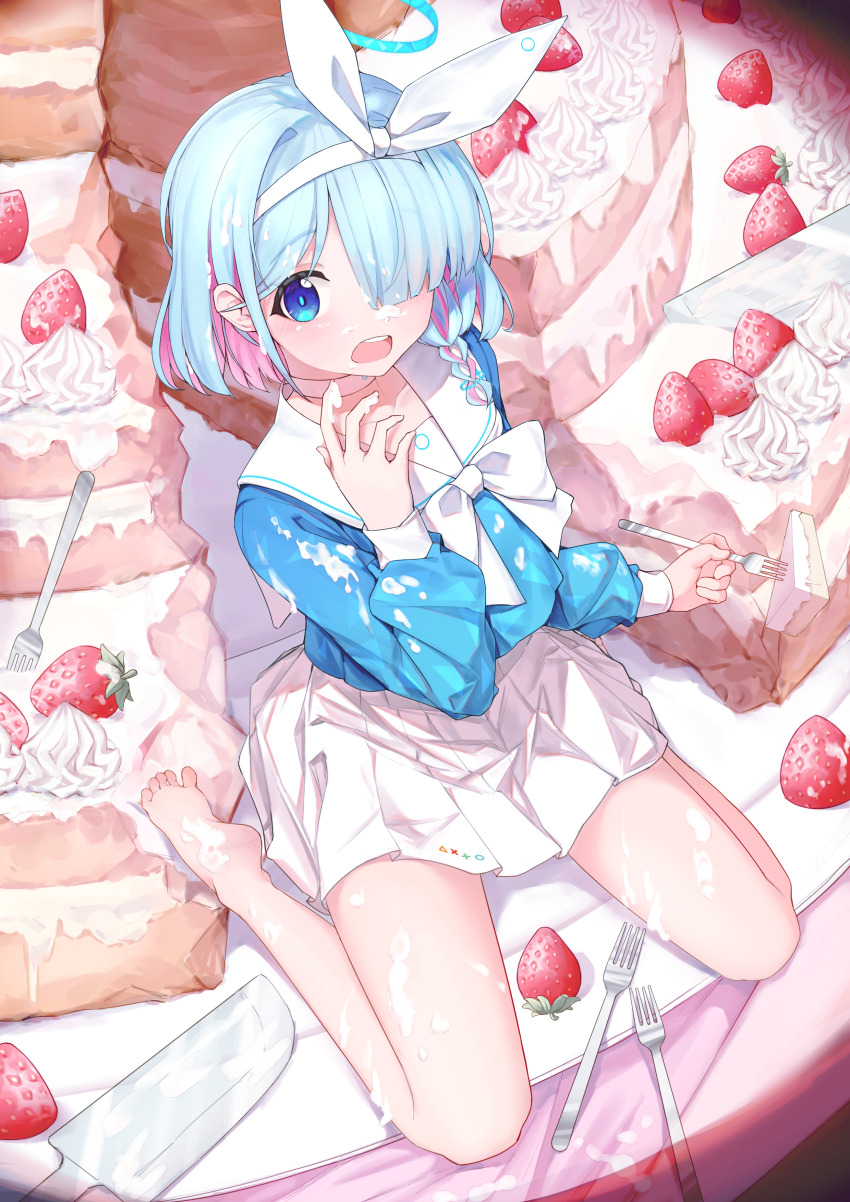 1girl, absurdres, arona_(blue_archive), bare_legs, barefoot, blue_archive, blue_eyes, blue_hair