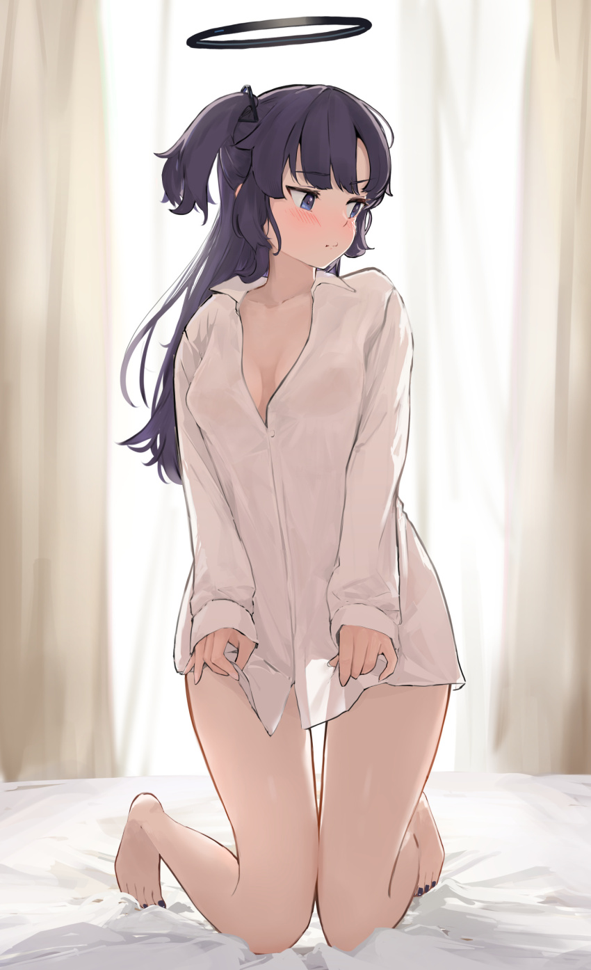 1girl, absurdres, averting_eyes, bare_legs, barefoot, black_nails, blue_archive, blush