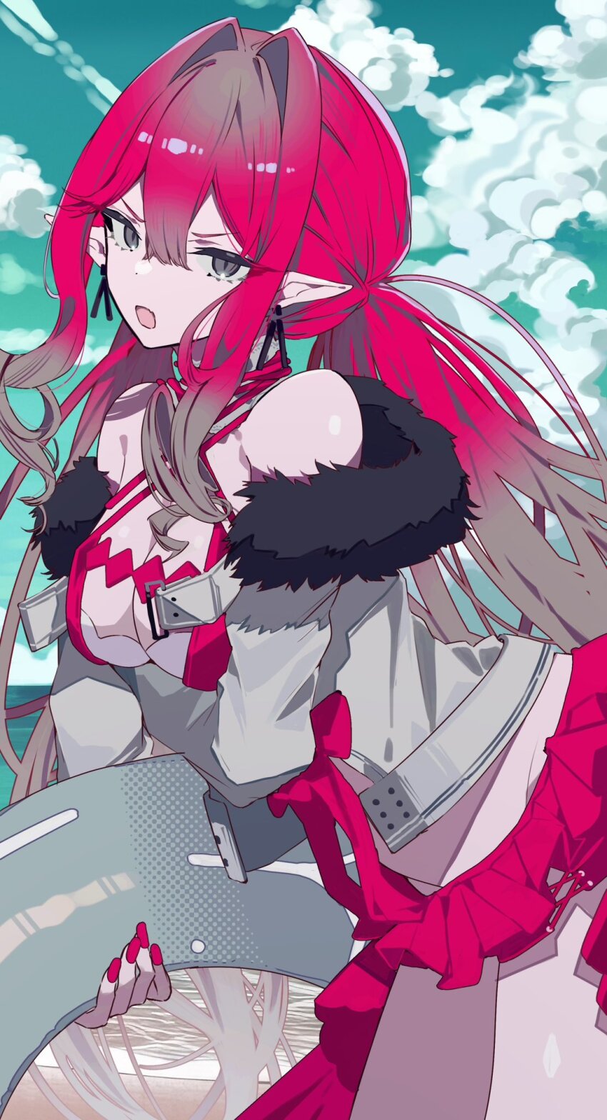 1girl, arm_under_breasts, baobhan_sith_(fate), baobhan_sith_(swimsuit_pretender)_(first_ascension)_(fate), bare_shoulders, beach, breasts, cleavage, cloud, cloudy_sky, day, detached_collar, earrings, fate/grand_order, fate_(series), fur-trimmed_jacket, fur_trim, grey_eyes, highres, holding, holding_swim_ring, innertube, jacket, jewelry, leaning_forward, long_hair, looking_at_viewer, low-tied_long_hair, medium_breasts, microskirt, nail_polish, ocean, open_mouth, outdoors, pink_hair, pointy_ears, red_nails, red_skirt, shong0127, sidelocks, skirt, sky, solo, swim_ring, white_jacket