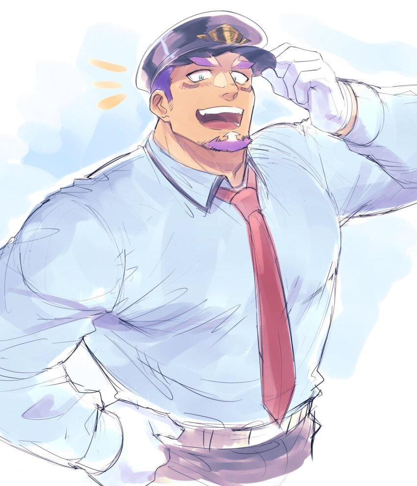 1boy, :d, bara, blush, collared_shirt, cropped_legs, dark-skinned_male, dark_skin