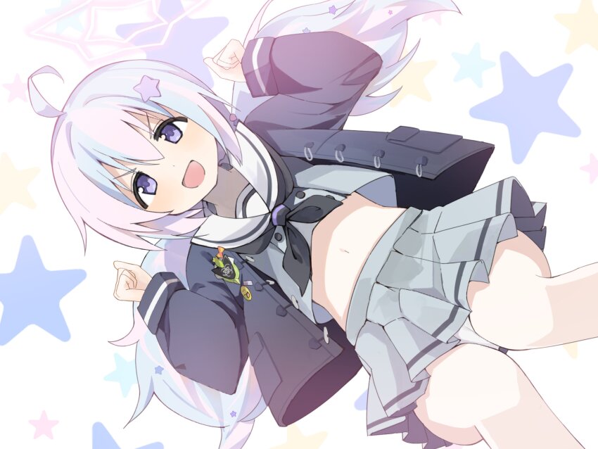 1girl, 7ben9i, absurdres, ahoge, black_jacket, blue_archive, blue_hair, clenched_hands, cropped_shirt, dot_nose, grey_shirt, grey_skirt, hair_between_eyes, hair_ornament, hands_up, highres, jacket, light_blue_hair, looking_ahead, low_twintails, midriff, navel, open_clothes, open_jacket, open_mouth, panties, pantyshot, pleated_skirt, purple_eyes, reisa_(blue_archive), sailor_collar, shirt, sideways, skirt, smile, star_(symbol), star_hair_ornament, star_symbol_background, twintails, underwear, v-shaped_eyebrows, white_panties, white_sailor_collar