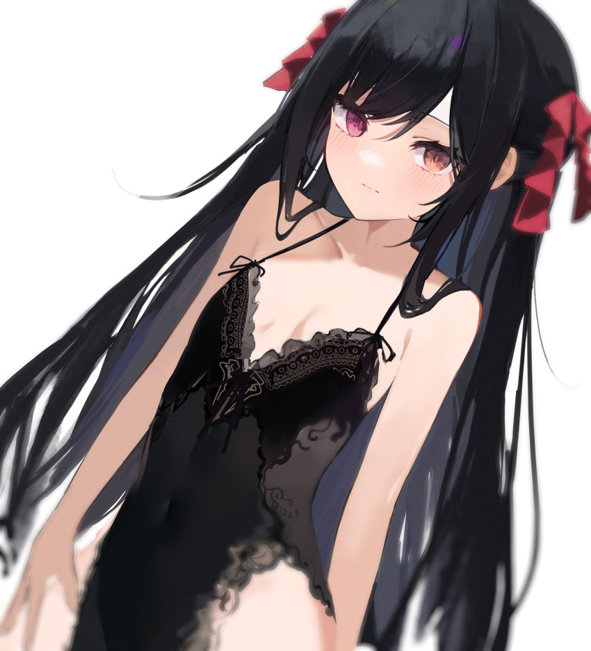 1girl, absurdres, bare_shoulders, black_hair, black_leotard, blush, breasts, brown_eyes