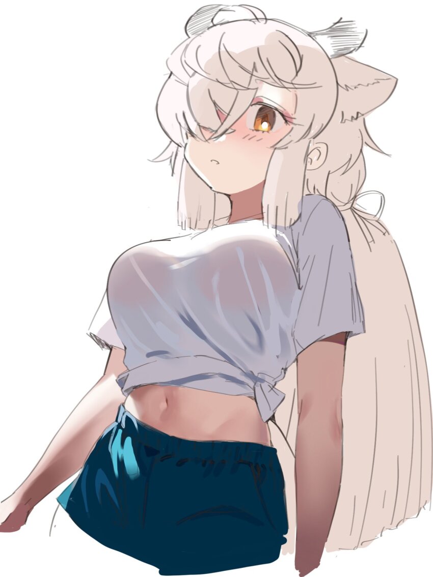 1girl, alternate_costume, blue_shorts, blush, extra_ears, hair_over_one_eye, highres, ieinu_account