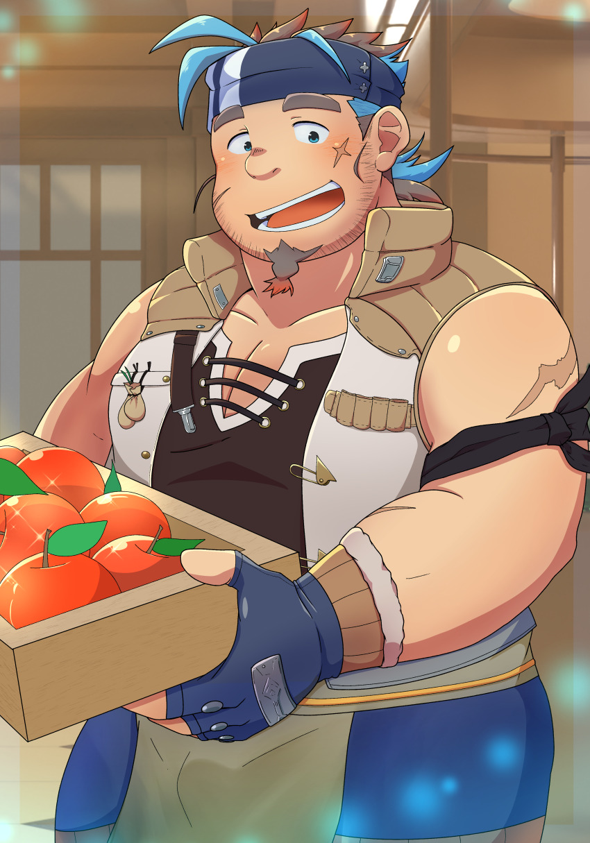 1boy, absurdres, apple, armband, bara, beard_stubble, belly, blue_eyes, blue_hair, braid, brown_shirt, cowboy_shot, facial_hair, fat, fat_man, fingerless_gloves, food, fruit, gloves, goatee, grey_hair, hat_set, headband, highres, holding, holding_food, jacket, live_a_hero, male_focus, medium_hair, mustache_stubble, open_clothes, open_jacket, open_mouth, pants, ponytail, scar, scar_on_arm, scar_on_face, shirt, sideburns_stubble, sleeveless, sleeveless_jacket, solo, stubble, thick_eyebrows, yuhang_(live_a_hero)