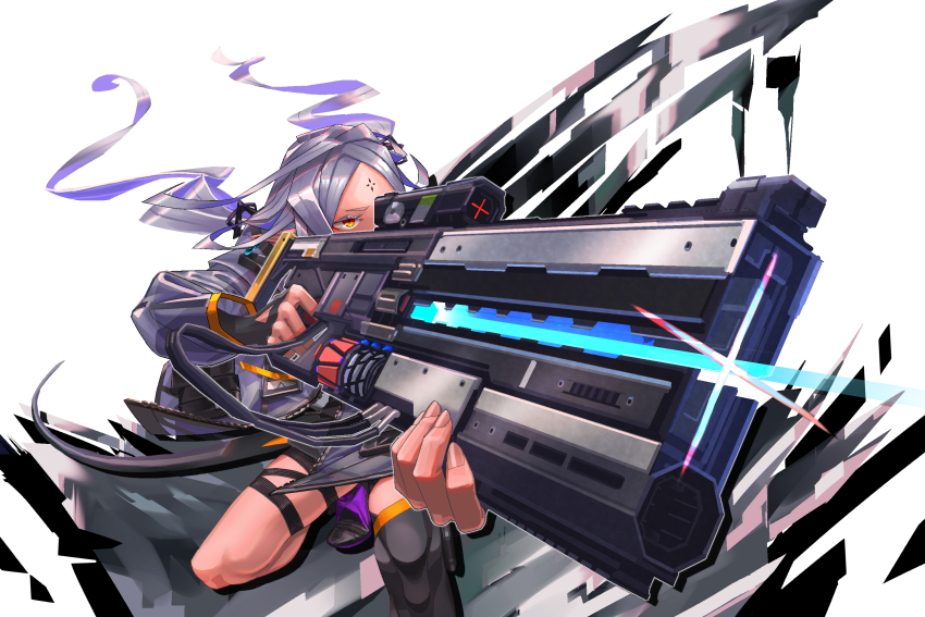 1girl, aiming, aiming_at_viewer, arknights, black_gloves, black_thighhighs, commentary, dark-skinned_female, dark_skin, energy_gun, facial_mark, fingerless_gloves, forehead_mark, gloves, grey_hair, grey_jacket, gun, highres, jacket, long_hair, melanite_(arknights), metallightheart, parted_bangs, simple_background, single_glove, single_thighhigh, solo, squatting, thigh_strap, thighhighs, weapon, white_background