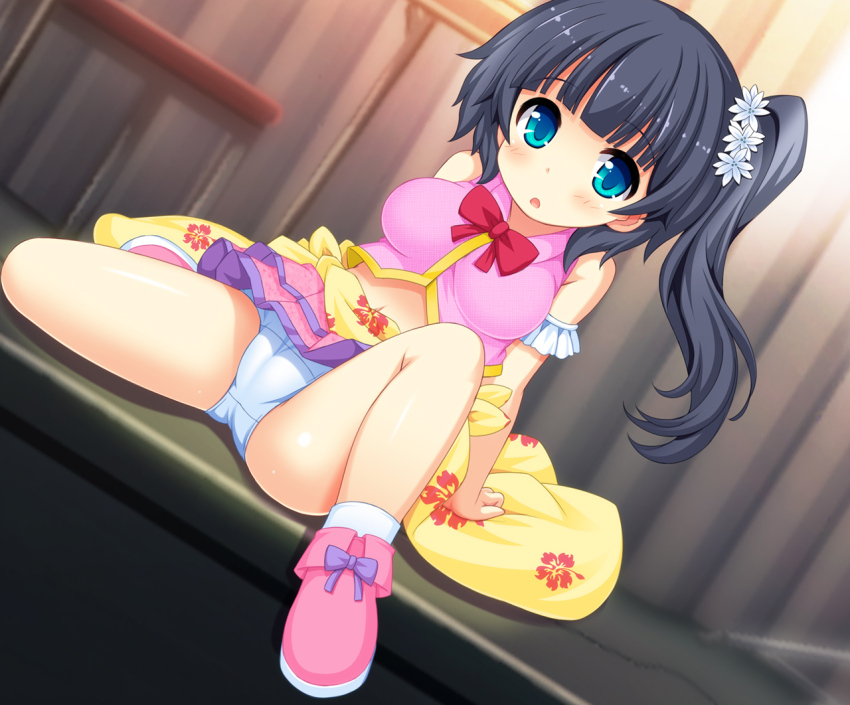 1girl, arm_support, black_hair, blue_eyes, blush, bow, bowtie, breasts