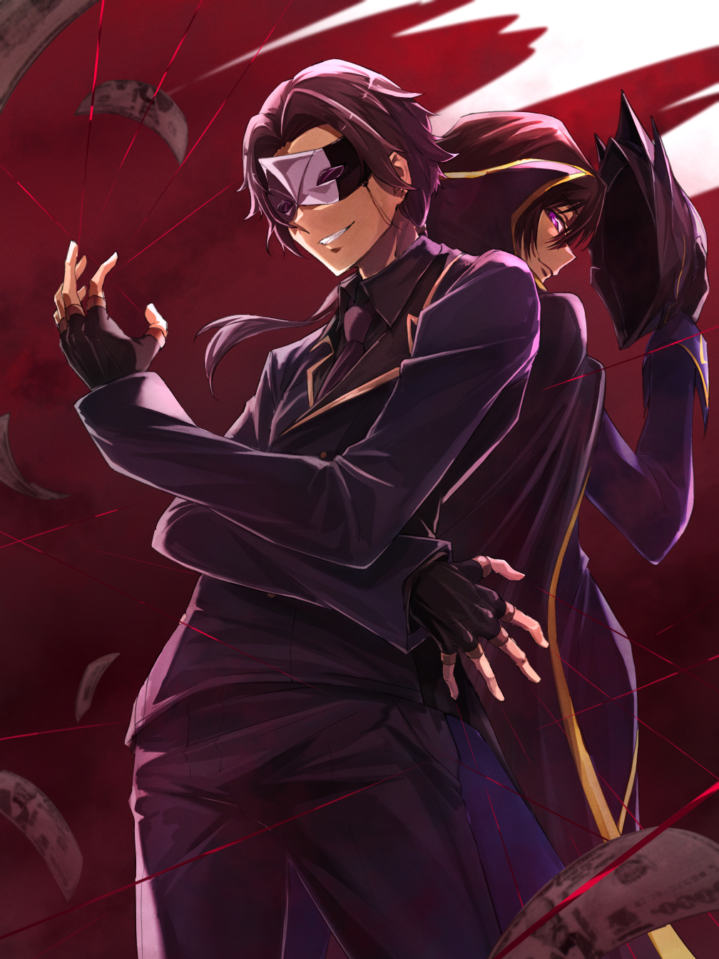 2boys, black_hair, cape, cid_kagenou, cid_kagenou_(john_smith), closed_mouth, code_geass, commentary_request, crossover, fingerless_gloves, fukuyama_jun, gloves, grin, highres, holding, holding_mask, itsudzumi, jacket, kage_no_jitsuryokusha_ni_naritakute!, lelouch_vi_britannia, long_hair, male_focus, mask, money, multiple_boys, necktie, ponytail, purple_eyes, short_hair, smile, teeth, thread, voice_actor_connection, zero_(code_geass)
