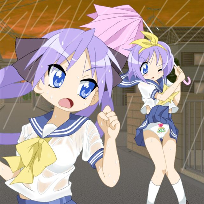 2girls, animal_print, blue_eyes, blue_skirt, blush, bow, bow_panties, bra, breasts, brick_wall, brown_shoes, character_print, cloud, cloudy_sky, frog_print, hair_ribbon, hairband, hiiragi_kagami, hiiragi_tsukasa, holding, house, imaden, keroro, keroro_gunsou, long_hair, looking_down, lucky_star, multiple_girls, one_eye_closed, open_mouth, orange_sky, panties, pavement, power_lines, print_panties, purple_hair, rain, red_bow, ribbon, road, running, see-through_clothes, see-through_shirt, shirt, shoes, short_hair, short_sleeves, siblings, sisters, skirt, sky, small_breasts, socks, standing, twins, twintails, umbrella, underwear, wet, wet_clothes, wet_shirt, white_bra, white_panties, white_shirt, white_socks, wind, wind_lift, yellow_bow