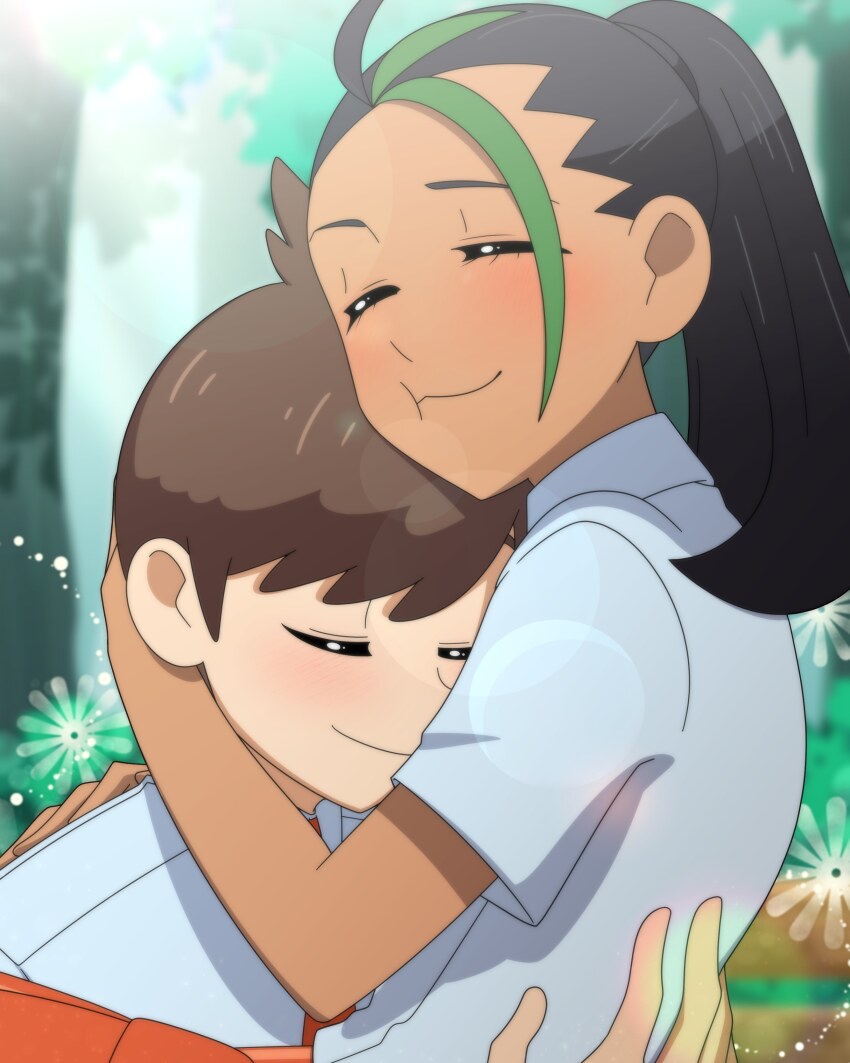 1boy, 1girl, absurdres, ahoge, arms_around_neck, black_hair, blush, brown_hair, carrying, carrying_person, cheek_squash, closed_eyes, closed_mouth, couple, dark-skinned_female, dark_skin, day, eyelashes, florian_(pokemon), flower, forest, green_hair, hand_on_back, happy, head_grab, highres, hug, lens_flare, long_hair, multicolored_hair, nature, nemona_(pokemon), nintendo, outdoors, pok3d, pokemon, pokemon_scarlet_and_violet, ponytail, school_uniform, shirt, short_hair, short_sleeves, smile, sparkling_eyes, sunlight, water, waterfall