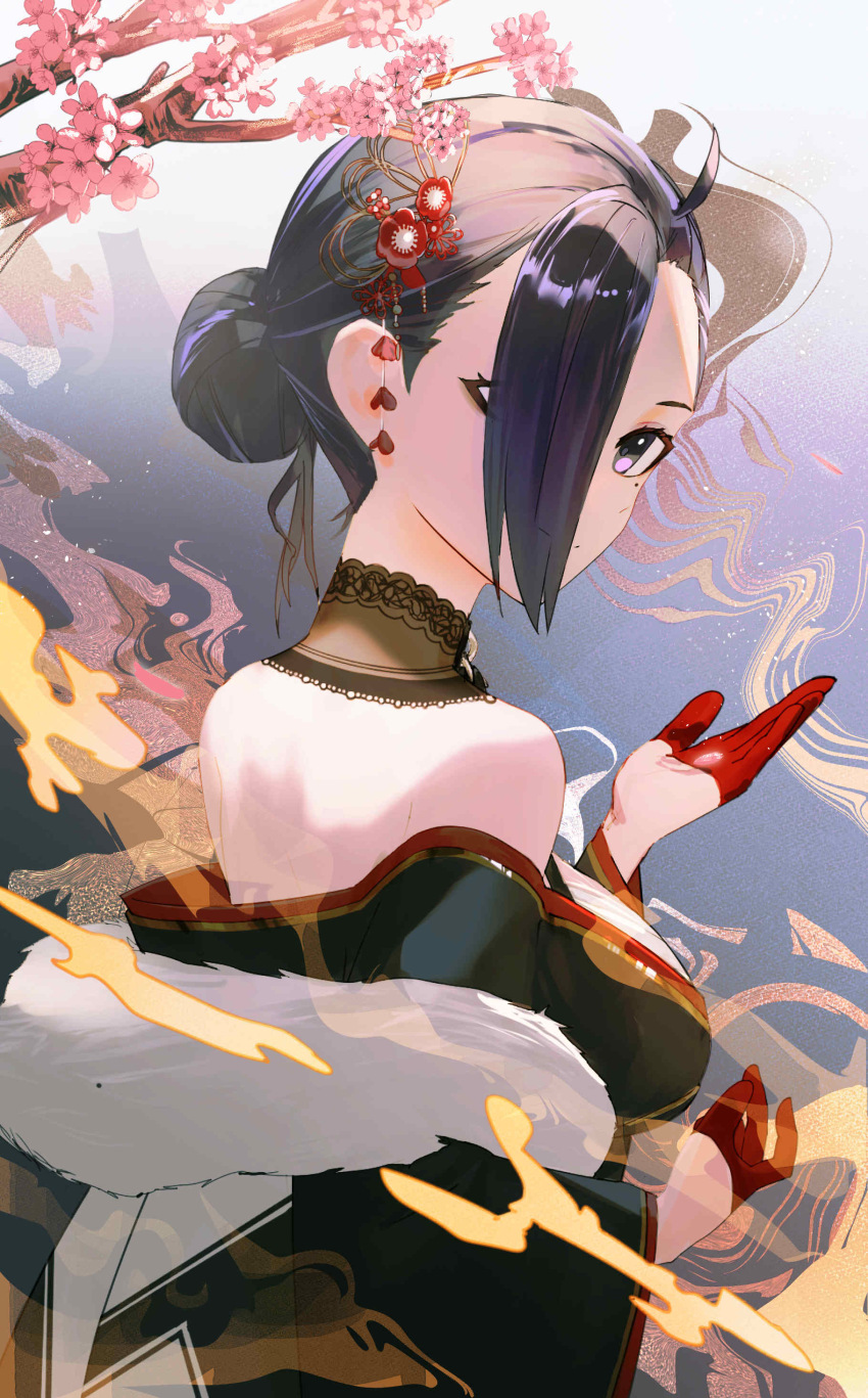 1girl, absurdres, ahoge, black_choker, black_eyes, black_hair, black_kimono, breasts