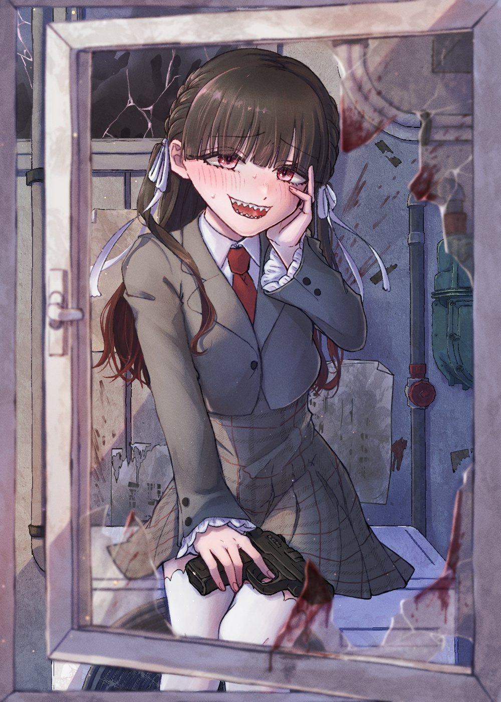 1girl, :d, baio_rin, blood, blood_on_glass, blood_splatter, blush, braid