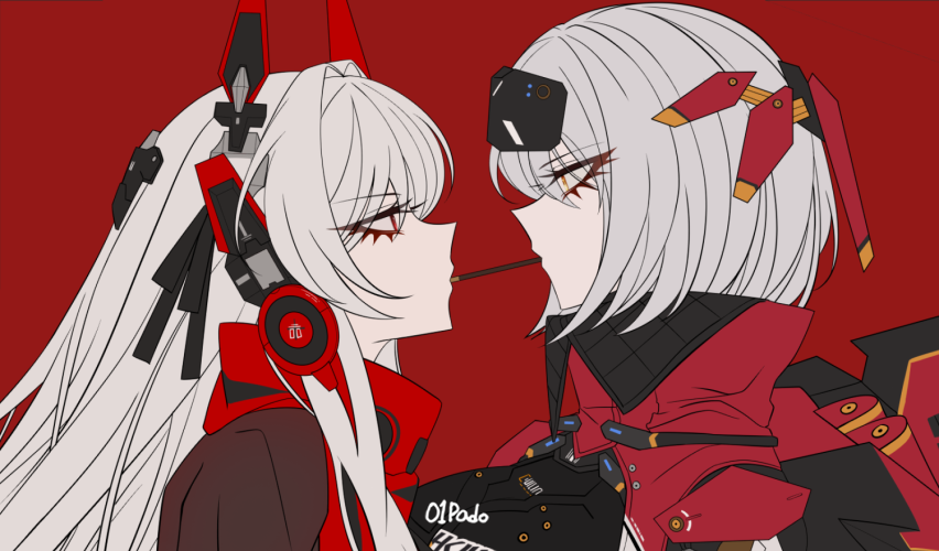 01pado_pado, 2girls, alpha_(pgr), black_shirt, food, food_in_mouth, forehead_protector, grey_hair