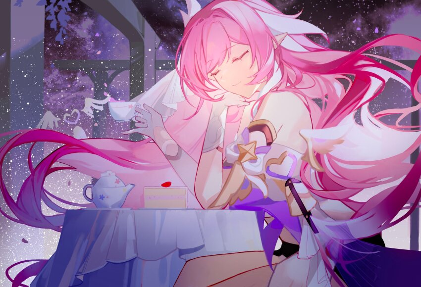 absurdres, annnnq, bare_shoulders, birthday, cake, closed_eyes, cup, elysia_(herrscher_of_human:_ego)_(honkai_impact), elysia_(honkai_impact), food, fruit, gloves, hand_on_own_chin, heart, highres, holding, holding_cup, honkai_(series), honkai_impact_3rd, long_hair, night, outdoors, pink_hair, pointy_ears, sitting, smile, strawberry, table, teapot, white_gloves, white_headwear