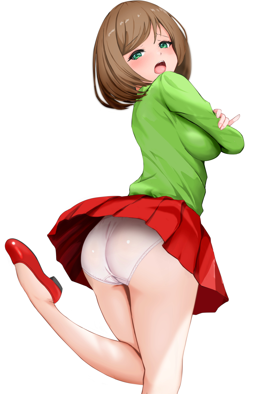 1girl, absurdres, ass, breasts, brown_hair, foot_out_of_frame, gibun_(sozoshu), green_sweater
