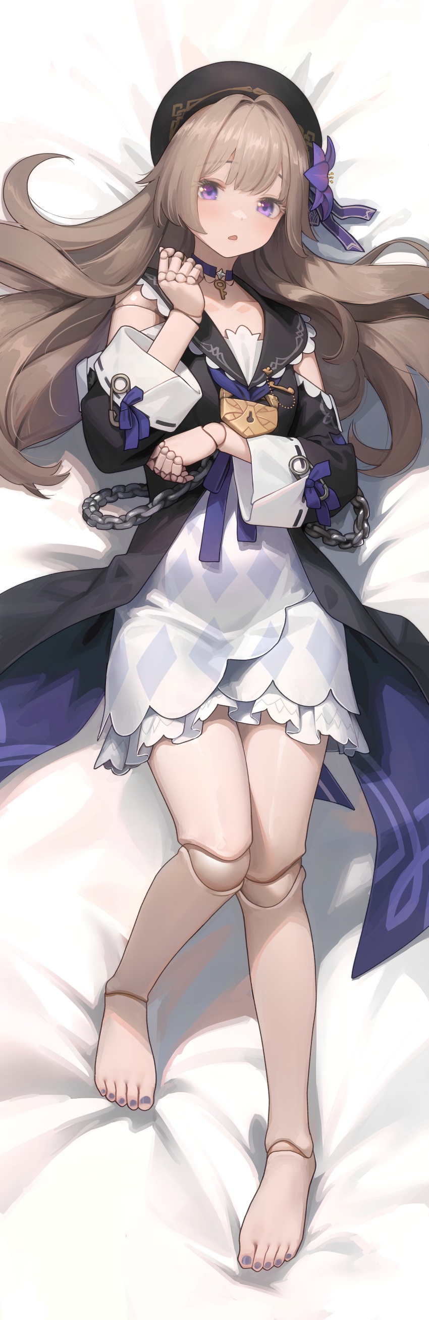 1girl, absurdres, barefoot, beret, black_hat, breasts, brown_hair, chain