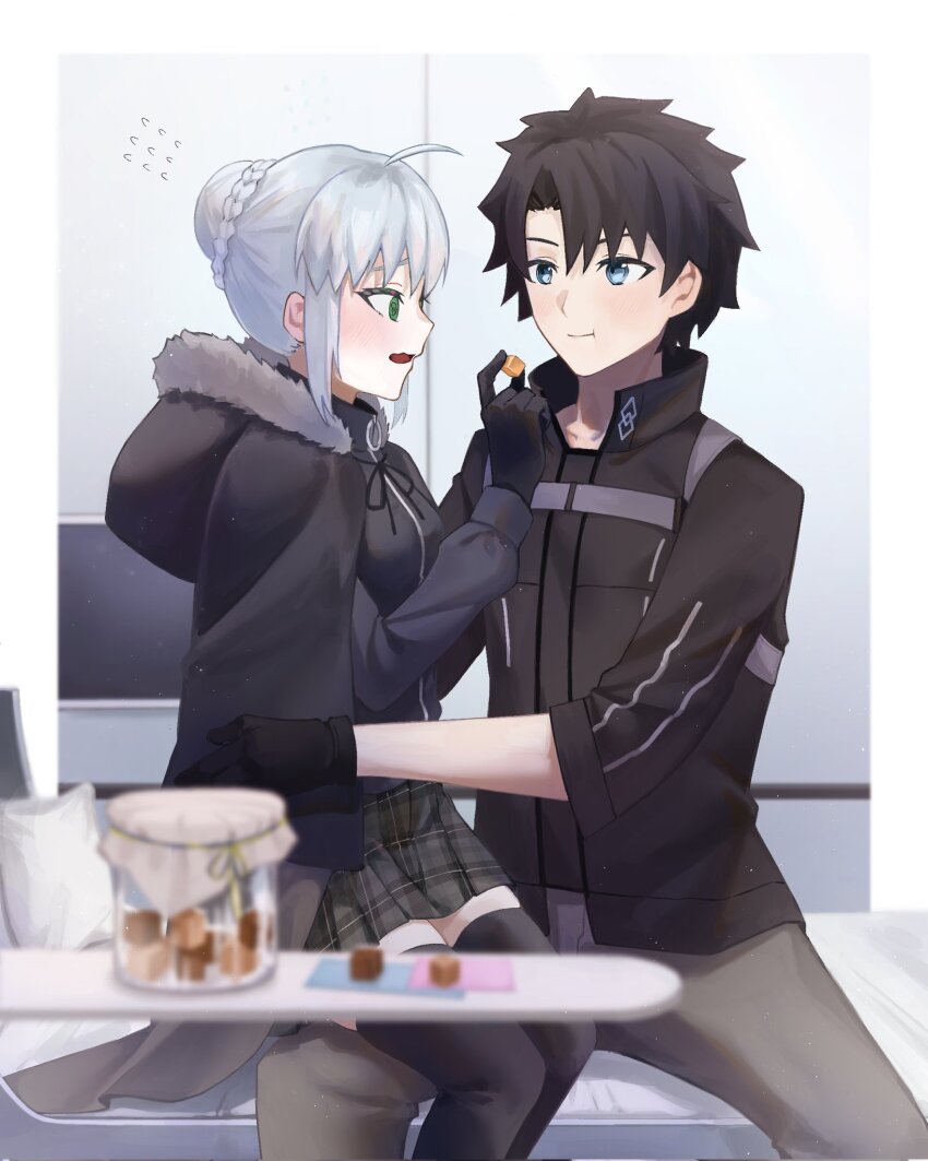 1boy, 1girl, black_hair, chocolate, commission, couple, fate/grand_order, fate_(series), food, fujimaru_ritsuka_(male), fujimaru_ritsuka_(male)_(polar_chaldea_uniform), gray_(fate), grey_hair, highres, hood, lord_el-melloi_ii_case_files, omame_korokor, sitting, sitting_on_lap, sitting_on_person, skeb_commission, tagme