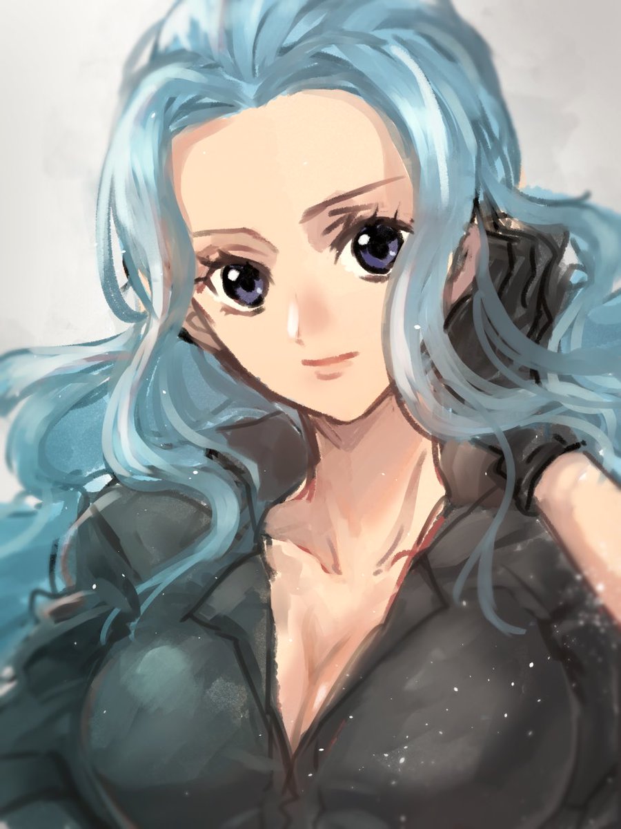1girl, archived_source, bad_id, bad_twitter_id, black_shirt, blue_eyes, blue_hair, breasts
