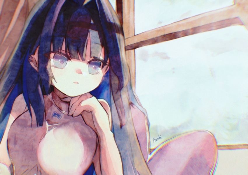 artist_name, asashi_kaede, black_hair, blue_eyes, blunt_bangs, blush_stickers, breasts, hair_intakes