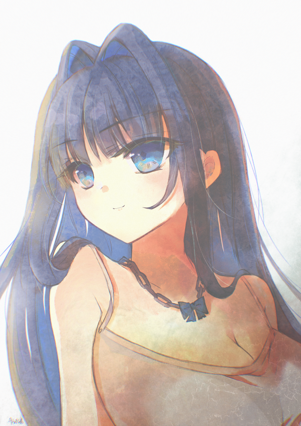 1girl, artist_name, asashi_kaede, bare_arms, bare_shoulders, black_hair, blue_eyes, blue_hair, blunt_bangs, breasts, camisole, cleavage, closed_mouth, colored_inner_hair, hair_intakes, highres, hololive, hololive_english, jewelry, large_breasts, looking_afar, looking_to_the_side, loungewear, multicolored_hair, necklace, official_alternate_hair_length, official_alternate_hairstyle, ouro_kronii, signature, sleepwear, smile, solo, spaghetti_strap, virtual_youtuber, watercolor_effect, white_camisole