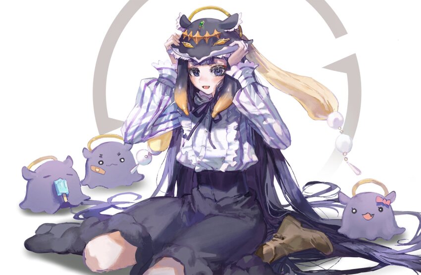 =_=, bandaid, black_skirt, blunt_bangs, boots, bow, brown_footwear, center-flap_bangs, center_frills, fang, flat_chest, food, food_in_mouth, frilled_skirt, frilled_sleeves, frills, gradient_hair, hair_ornament, halo, hat_ornament, high-waist_skirt, highres, hololive, hololive_english, jewelry, long_hair, medium_skirt, multicolored_hair, ninomae_ina'nis, o_o, octopus, octopus_hat, open_mouth, orange_hair, pom_pom_(clothes), pom_pom_hair_ornament, popsicle, popsicle_in_mouth, purple_bow, purple_eyes, purple_hair, quasarcake, red_bow, shirt, sitting, skirt, striped_clothes, striped_shirt, takodachi_(ninomae_ina'nis), tentacle_hair, very_long_hair, virtual_youtuber, wariza, white_background, white_shirt, yellow_halo