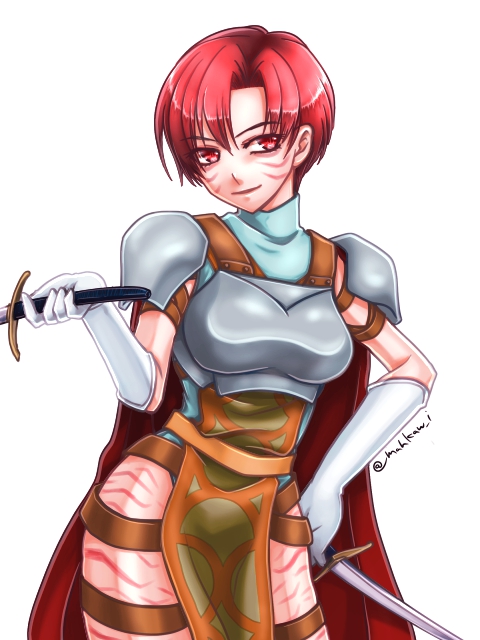 1girl, armor, cape, dagger, dual_wielding, elbow_gloves, facial_mark, gloves