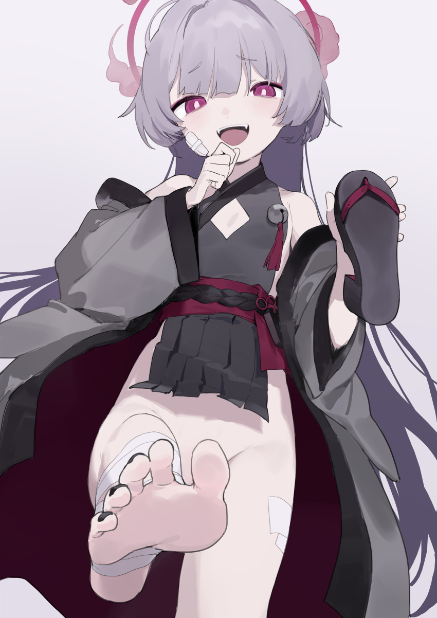 1girl, absurdres, bare_shoulders, bell, blue_archive, bottomless, clothing_cutout, detached_sleeves