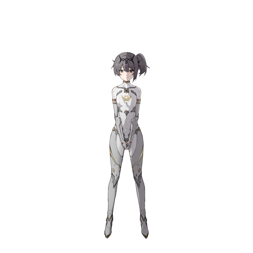 1girl, asymmetrical_hair, asymmetrical_sidelocks, beizhi, bodysuit, covering_privates, covering_crotch, full_body, grey_bodysuit, grey_eyes, grey_hair, hair_between_eyes, highres, long_hair, nanami:_starfarer_(pgr), nanami_(pgr), pilot_suit, punishing:_gray_raven, side_ponytail, sidelocks, solo, spacesuit, tiara, transparent_background