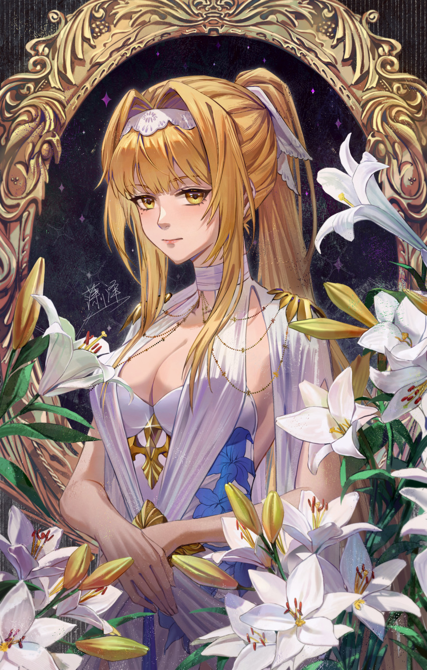 1girl, absurdres, alternate_costume, bare_arms, bianca_(pgr), blonde_hair, blue_flower, breasts, chinese_commentary, cleavage, commentary, dress, floral_print, floral_print_dress, flower, from_side, hair_intakes, hair_ornament, hairband, highres, large_breasts, leaf, lily_(flower), lips, lishijiu, long_hair, looking_at_viewer, mole, mole_under_eye, own_hands_together, painting_(medium), picture_frame, ponytail, print_dress, punishing:_gray_raven, signature, solo, star_(symbol), strapless, strapless_dress, traditional_media, upper_body, white_dress, white_flower, white_hairband, wing_hair_ornament, yellow_eyes