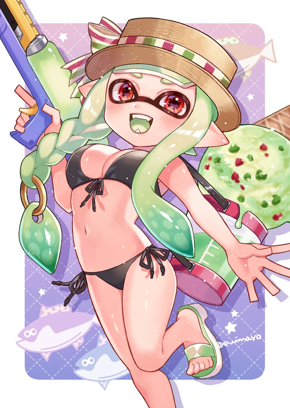 1girl, armpits, artist_name, bikini, black_bikini, border, braid, braided_sidelock