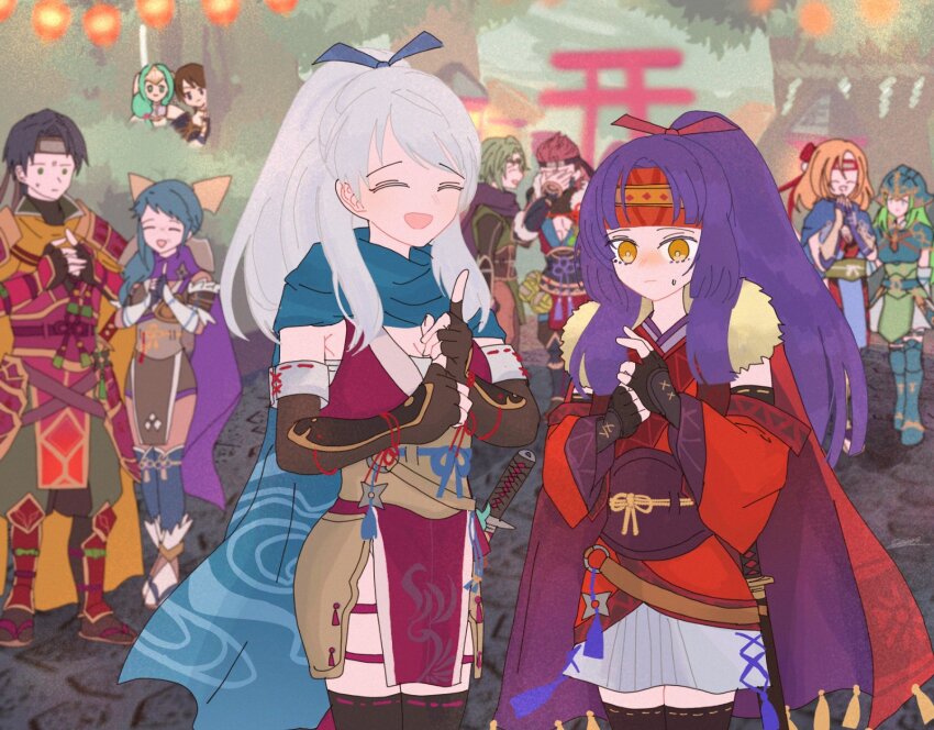 3boys, 6+girls, armor, black_gloves, black_hair, black_thighhighs, blonde_hair, blue_hair, blue_scarf, brown_hair, closed_mouth, detached_sleeves, elbow_gloves, fingerless_gloves, fire_emblem, fire_emblem:_radiant_dawn, fire_emblem_fates, fire_emblem_heroes, gloves, green_hair, headband, heather_(fire_emblem), heather_(ninja)_(fire_emblem), helmet, highres, japanese_clothes, kaze_(fire_emblem), kuji-in, long_hair, micaiah_(fire_emblem), micaiah_(ninja)_(fire_emblem), multiple_boys, multiple_girls, nephenee_(fire_emblem), nintendo, official_alternate_costume, official_alternate_hairstyle, open_mouth, ponytail, purple_hair, red_hair, red_headband, reina_(fire_emblem), reina_(ninja)_(fire_emblem), saizo_(fire_emblem), saizo_(ninja)_(fire_emblem), sanaki_kirsch_altina, sanaki_kirsch_altina_(ninja), sasaki_(dkenpisss), scarf, sheath, sheathed, short_hair, siblings, sigrun_(fire_emblem), sisters, skirt, sweatdrop, sword, tanith_(fire_emblem), thighhighs, weapon, white_hair, yellow_eyes, zelgius_(fire_emblem), zelgius_(ninja)_(fire_emblem)