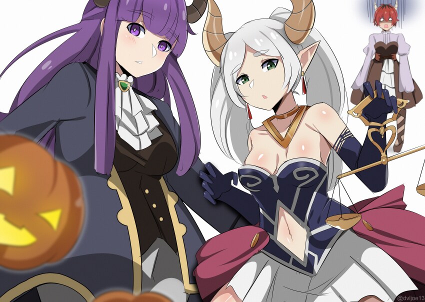 1boy, 2girls, absurdres, aura_(sousou_no_frieren), aura_(sousou_no_frieren)_(cosplay), balance_scale, black_corset, black_gloves