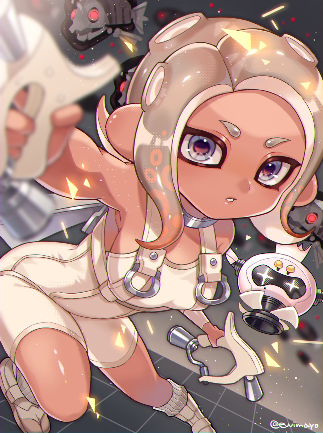 1girl, agent_8_(splatoon), armpit_crease, blurry, blurry_foreground, bodysuit, breasts, commentary_request