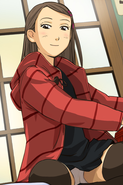 1girl, black_dress, black_thighhighs, brown_eyes, brown_hair, closed_mouth, dress, haruyama_kazunori