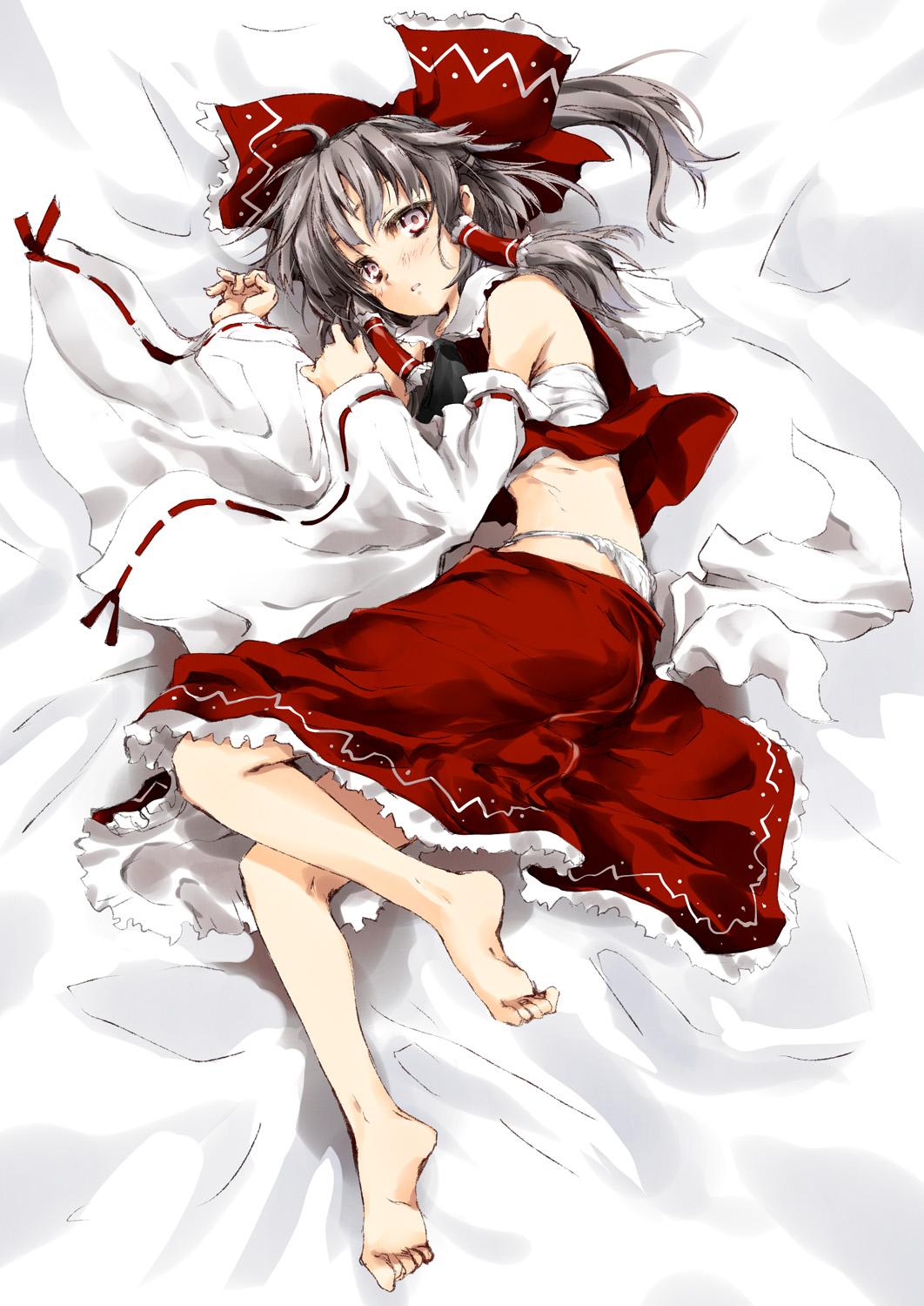 1girl, ascot, barefoot, bed_sheet, bow, brown_eyes, brown_hair, delusion_overdose