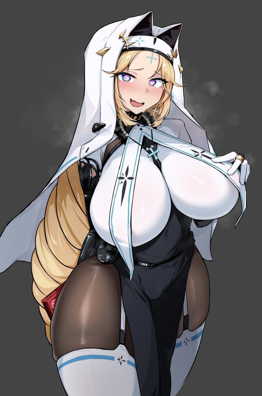 1girl, :d, absurdres, arm_behind_back, blonde_hair, blue_eyes, blush, bodystocking, book, breasts, cowboy_shot, cross, cross_earrings, cross_necklace, cross_tattoo, curvy, earrings, facial_mark, forehead_mark, forehead_tattoo, goddess_of_victory:_nikke, grey_background, habit, hand_on_own_chest, heart, heart-shaped_pupils, heavy_breathing, highres, holding, holding_book, huge_breasts, jewelry, legwear_garter, long_hair, necklace, nineru, nun, open_mouth, rapunzel_(nikke), simple_background, smile, solo, sweat, symbol-shaped_pupils, tattoo, thick_thighs, thighhighs, thighs, veil, very_long_hair, white_thighhighs, white_veil