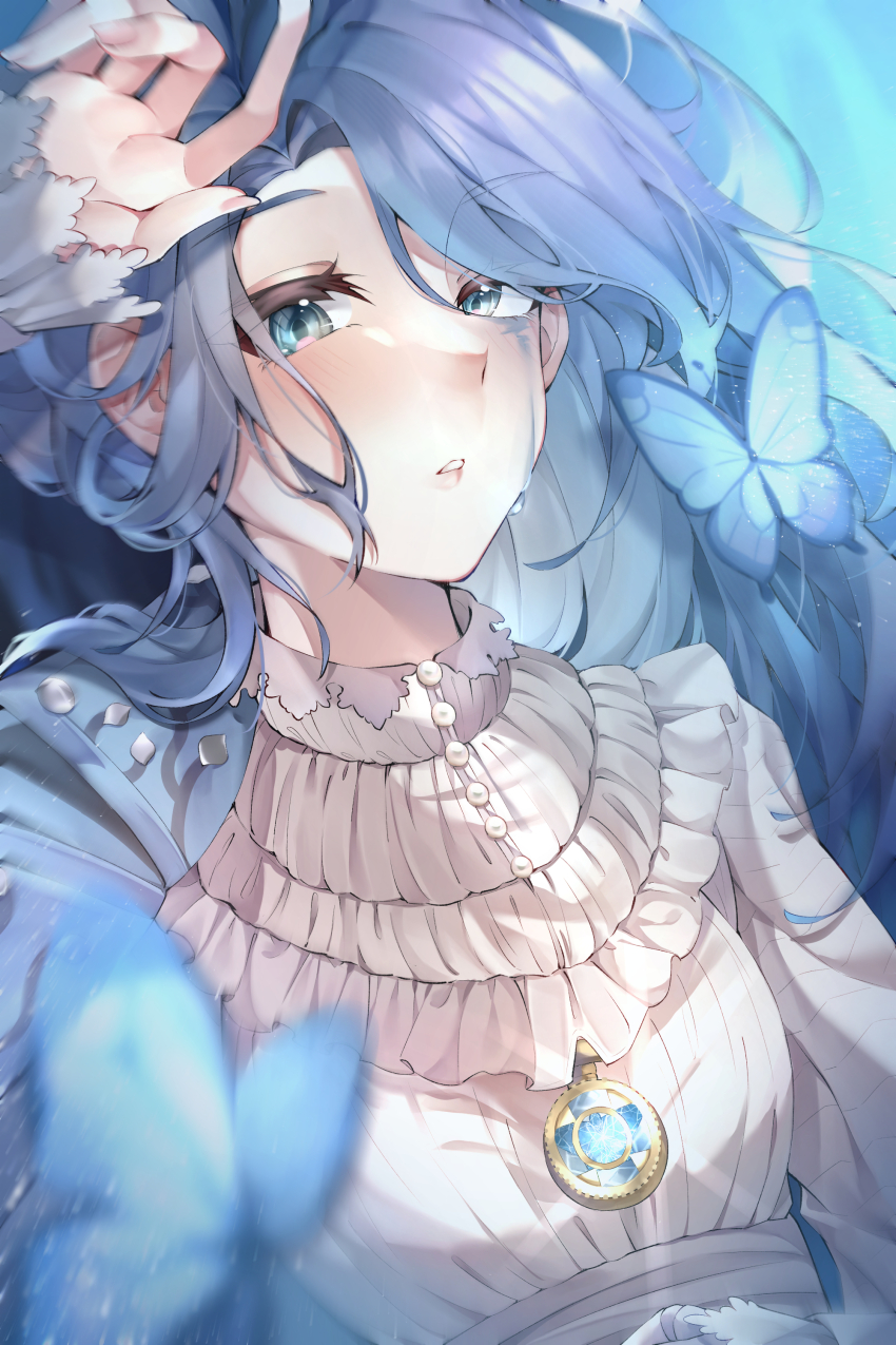 1girl, absurdres, blue_butterfly, blue_eyes, blue_hair, blush, brooch, bug
