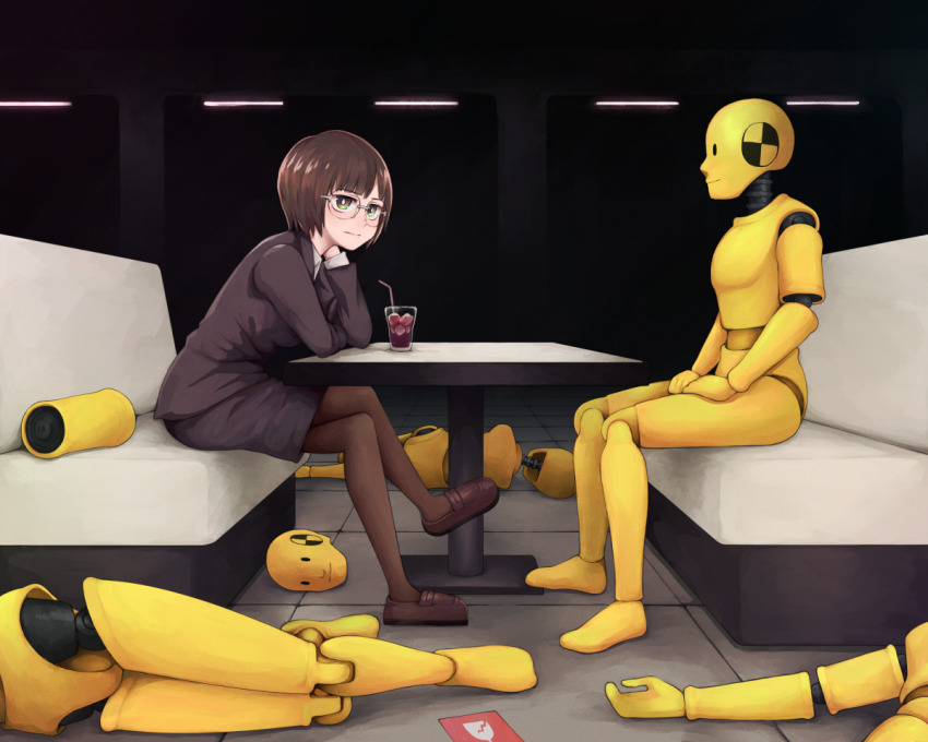 1girl, black_jacket, black_skirt, brown_eyes, brown_footwear, brown_hair, brown_pantyhose, closed_mouth, crash_test_dummy, crossed_legs, cup, drinking_straw, glasses, ice, ice_cube, jacket, original, pantyhose, round_eyewear, skirt, solo, table, yajirushi_(chanoma)