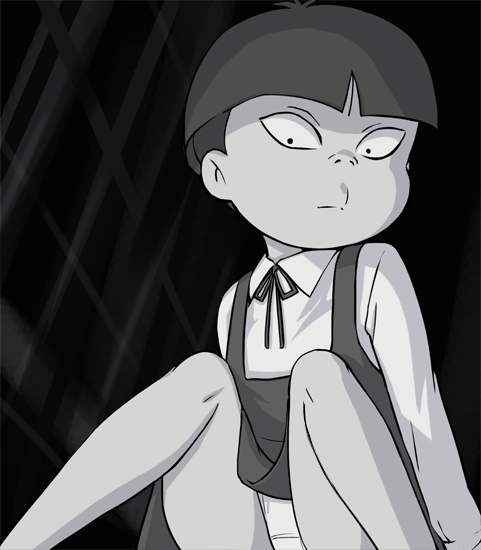 1girl, bow, closed_mouth, gegege_no_kitarou, greyscale, haruyama_kazunori, long_sleeves, looking_at_viewer