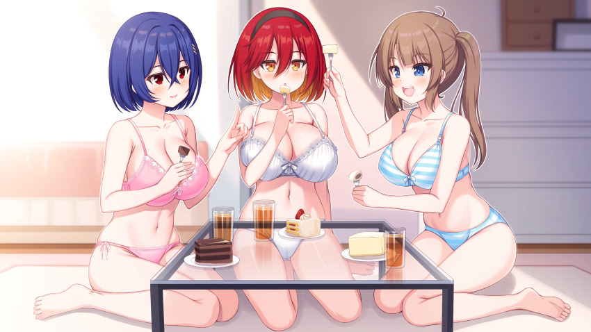 3girls, amane_(senran_kagura), barefoot, bedroom, blue_eyes, blush, breasts, brown_hair