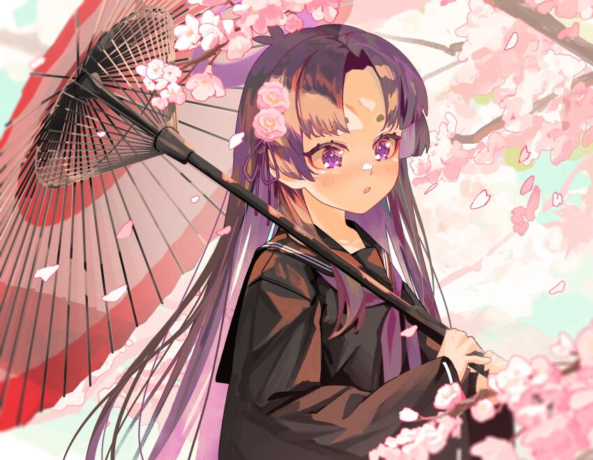 1girl, black_sailor_collar, black_serafuku, blue_archive, blush, cherry_blossoms, halo, highres