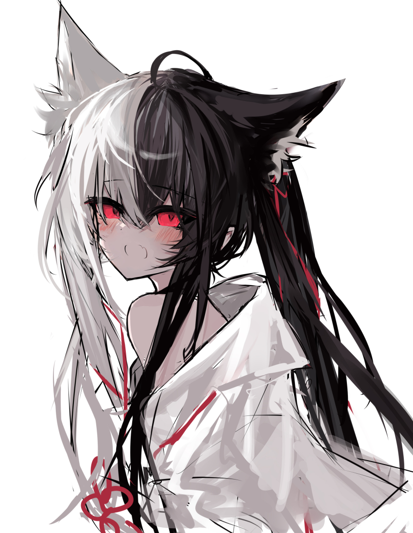 1girl, absurdres, alice_mana, animal_ear_fluff, animal_ears, bare_shoulders, black_hair, blush