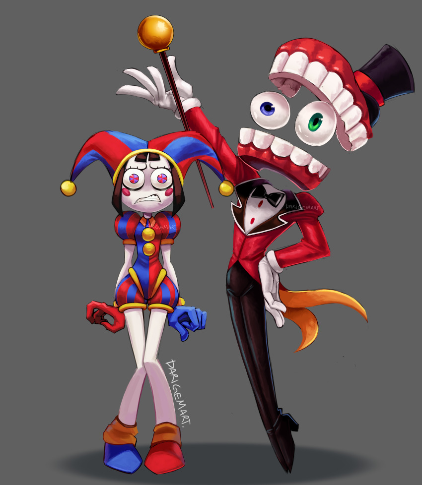 1boy, 1girl, absurdres, arms_at_sides, asymmetrical_footwear, asymmetrical_gloves, black_footwear, black_pants, blue_footwear, blue_gloves, blush_stickers, bow, bowtie, brown_hair, caine_(the_amazing_digital_circus), colored_skin, darigem, disembodied_eye, fake_teeth, gloves, grey_background, hat, heterochromia, highres, holding, holding_staff, jester, jester_cap, looking_at_viewer, mismatched_footwear, mismatched_gloves, multicolored_eyes, pants, pomni_(the_amazing_digital_circus), puffy_pants, puffy_sleeves, red_footwear, red_gloves, signature, staff, the_amazing_digital_circus, top_hat, watermark, white_gloves, white_skin