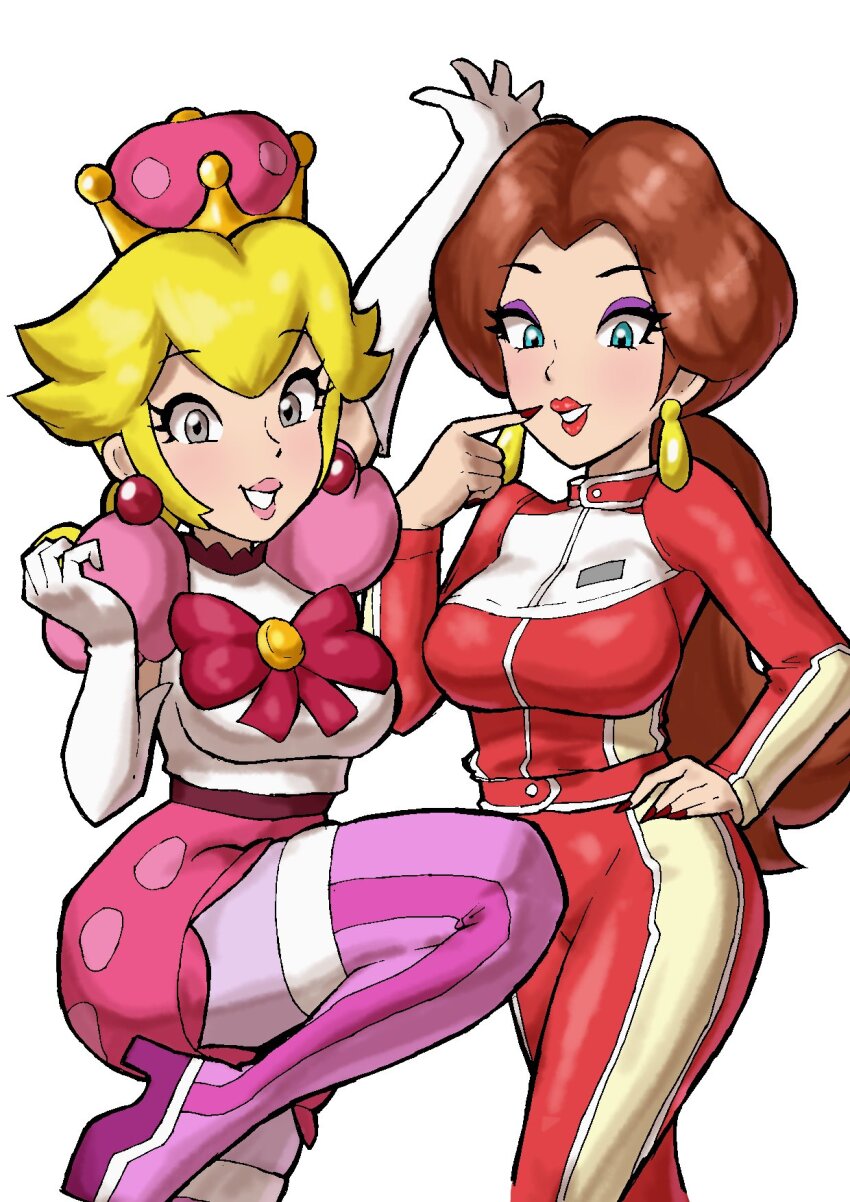 2girls, biker_pauline, blonde_hair, blue_eyes, bodysuit, boots, breasts, brown_hair, crown, donkey_kong_(series), earrings, elbow_gloves, floating_earrings, gloves, grey_eyes, hand_on_own_hip, highres, jewelry, large_breasts, lips, looking_at_viewer, makeup, mario_(series), mario_kart, mario_kart_8, mario_kart_8_deluxe, multiple_girls, nail_polish, nintendo, pantyhose, pauline_(aero)_(nintendo), pauline_(nintendo), peachette, pink_boots, pink_shorts, ponytail, puffy_short_sleeves, puffy_sleeves, red_bodysuit, red_nails, ribbon, shirt, short_sleeves, short_twintails, shorts, simple_background, smile, super_crown, thighhighs, toggy_keiichi, twintails, white_background, white_gloves, white_shirt, zettai_ryouiki
